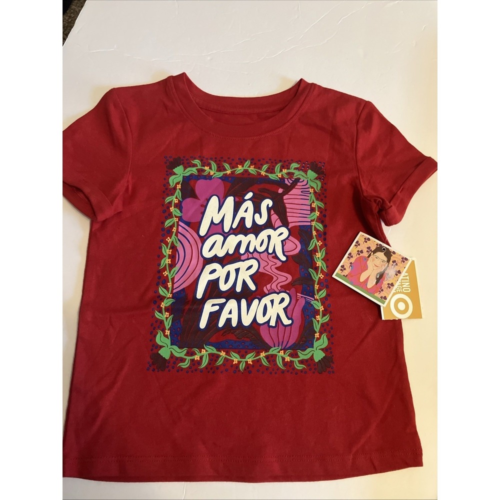 Girls Red Short Sleeve Latino Heritage T-shirt "Mas Amor Por Favor" Size 4T C847